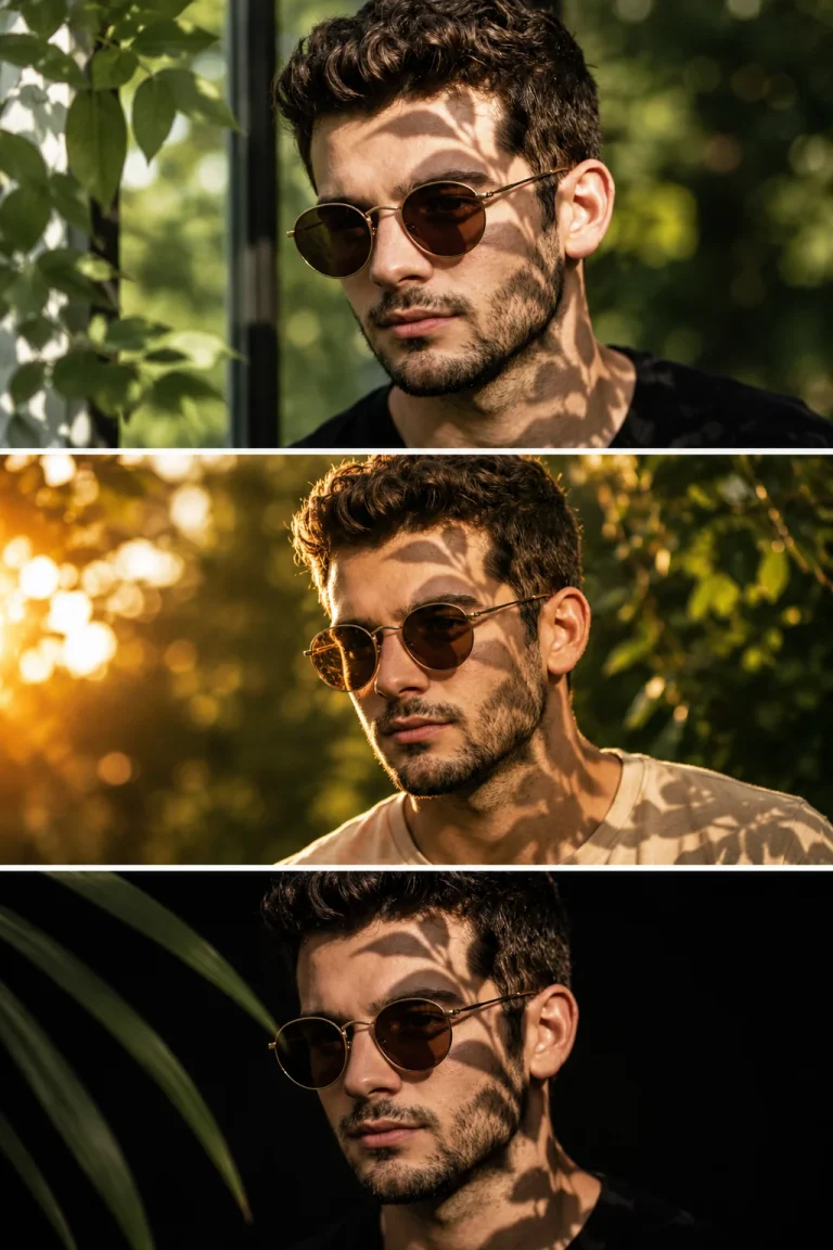 Close-up Portrait of a Man with Leaf Shadows: AI Photo Editing Prompts