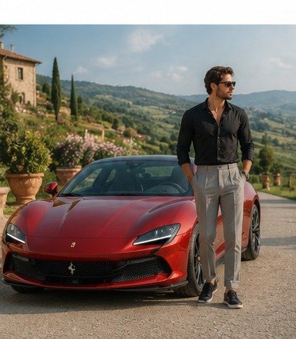 Tuscan Villa Luxury: Man & Red Sports Car AI Photo Editing Prompts 2026